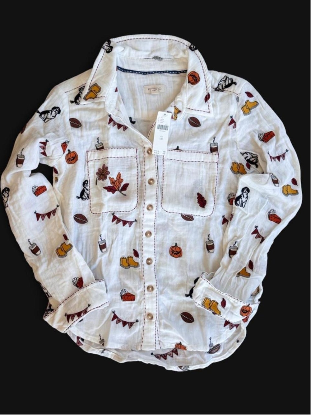 Pilcro White Button-Down Shirt with Autumn Embroidery